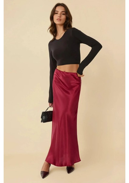 Kadın Verev Kesim Lastik Belli Saten Maxi Etek Bordo Kırmızı