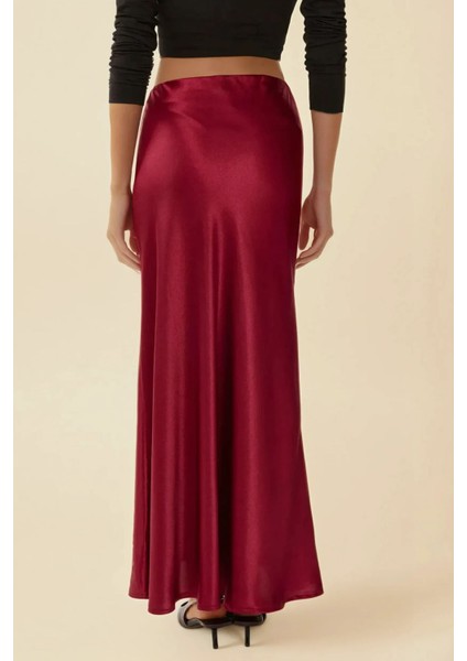 Kadın Verev Kesim Lastik Belli Saten Maxi Etek Bordo Kırmızı modelleri