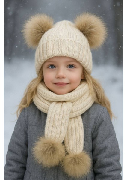 Kız Bebek Çift Ponponlu Atkı Bere Takımı 4/14 yaş