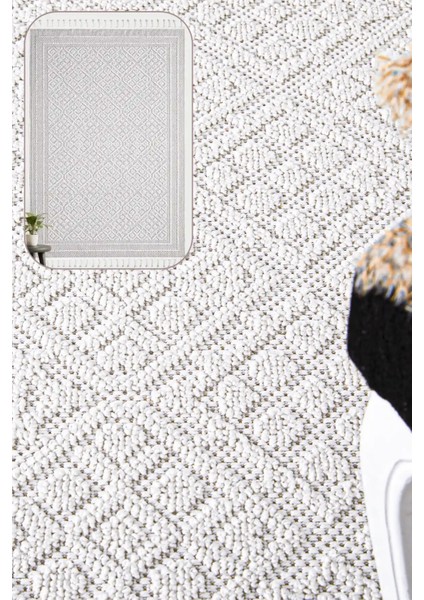 Valverde Krem Renkli Çerçeveli Model Yumuşak Bukle Sisal ve Püsküllü Makine Dokuma Halı
