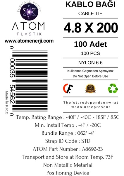 Kablo Bağı 4.8 x 200 Plastik Cırt Kelepçe – Kablo Düzenleyici – Cable Tie