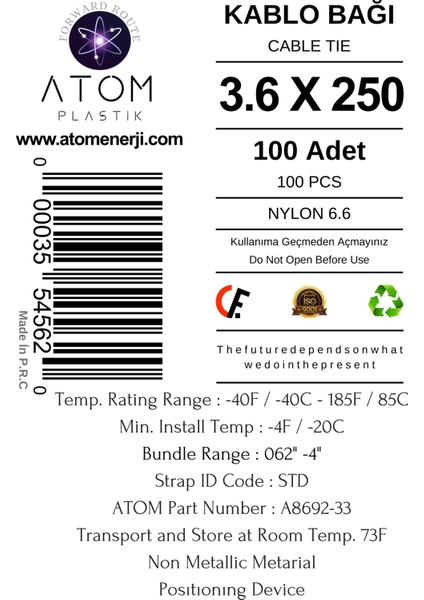 Kablo Bağı 3.6 x 250 Plastik Cırt Kelepçe – Kablo Düzenleyici – Cable Tie