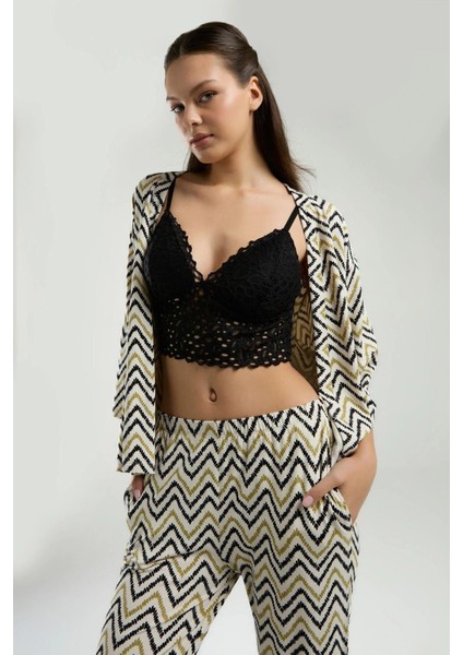 3238 Kadın Yesıl Sabahlıklı Dantel Braletli 3'lü Pijama Takımı