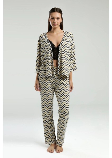 3238 Kadın Yesıl Sabahlıklı Dantel Braletli 3'lü Pijama Takımı fiyatları