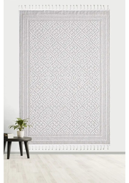 Valverde Krem Renkli Çerçeveli Model Yumuşak Bukle Sisal ve Püsküllü Makine Dokuma Halı modelleri