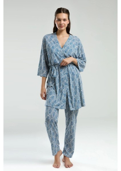 3210 Kadın Lacıvert Sabahlıklı Ip Askılı Yakası Dantel Detaylı Pijama Takımı indirimleri