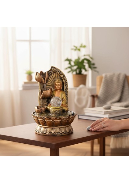 LED Işıklı Buda Şelale Masa Üstü Feng Shui Süs Fiskiyesi