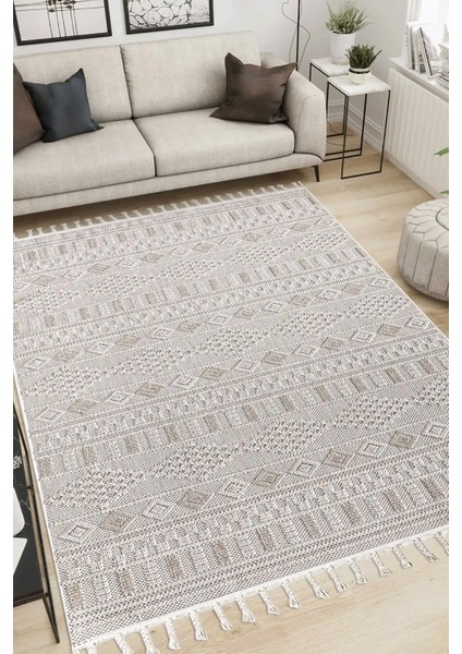 Valverde Krem ve Bej Renkli Iskandinav Model Yumuşak Bukle Sisal ve Püsküllü Makine Dokuma Halı fiyatları