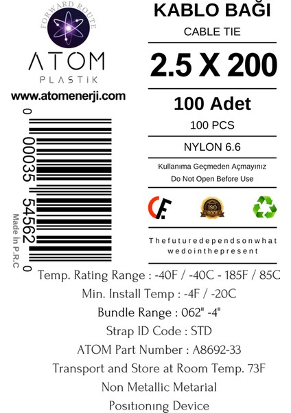 Kablo Bağı 2.5 x 200 Plastik Cırt Kelepçe – Kablo Düzenleyici – Cable Tie