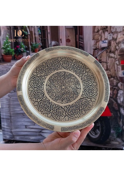 Dmt Gaziantep Sarı Bakır 25 cm Osmanlı El Işi Sunum Gold Tepsi Kına Tepsisi 25 cm