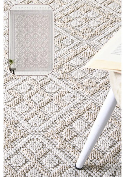 Valverde Bej ve Krem Renkli Çerçeveli Model Yumuşak Bukle Sisal ve Püsküllü Makine Dokuma Halı