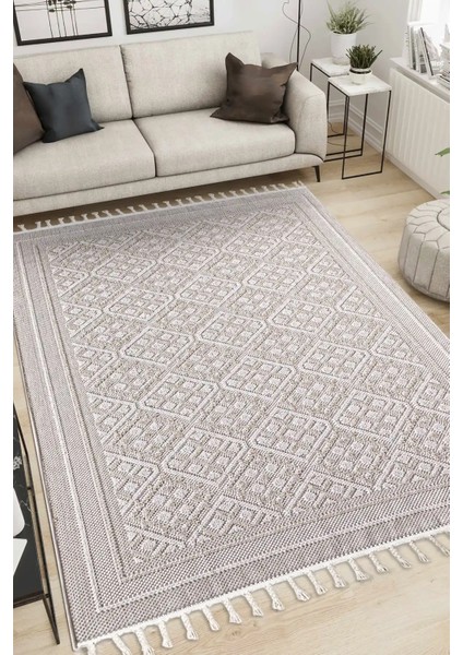 Valverde Bej ve Krem Renkli Çerçeveli Model Yumuşak Bukle Sisal ve Püsküllü Makine Dokuma Halı fiyatları