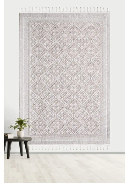 Valverde Bej ve Krem Renkli Çerçeveli Model Yumuşak Bukle Sisal ve Püsküllü Makine Dokuma Halı modelleri