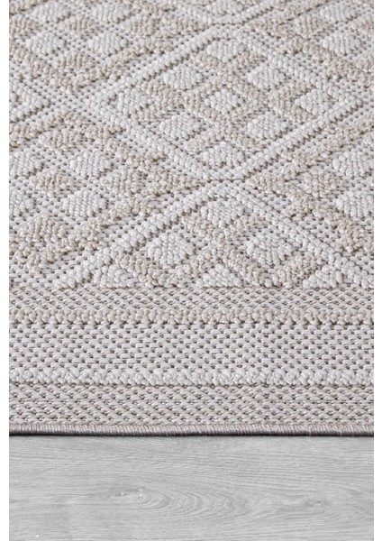 Valverde Bej ve Krem Renkli Çerçeveli Model Yumuşak Bukle Sisal ve Püsküllü Makine Dokuma Halı