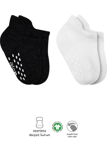 Bistyle 2'Li Sneakers Kaymaz Basic Penye Çorap BS20103 Siyah Ekru