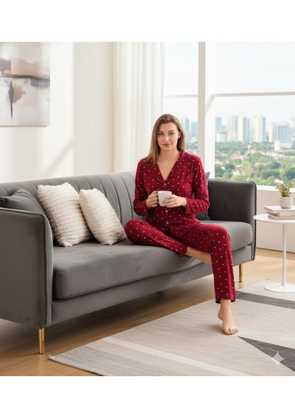 Kalp Desenli Uzun Kollu Kadın Pijama Takımı