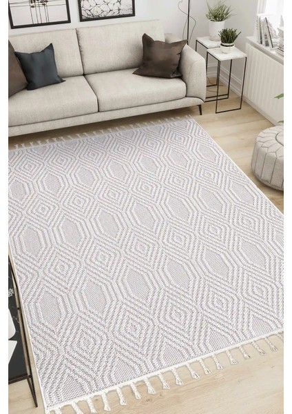 Valverde Krem Renkli Geometrik Model Yumuşak Bukle Sisal ve Püsküllü Makine Dokuma Halı fiyatları