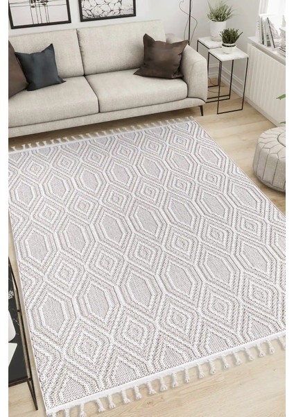 Valverde Krem ve Bej Renkli Geometrik Model Yumuşak Bukle Sisal ve Püsküllü Makine Dokuma Halı fiyatları