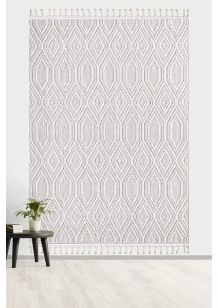 Valverde Krem ve Bej Renkli Geometrik Model Yumuşak Bukle Sisal ve Püsküllü Makine Dokuma Halı modelleri