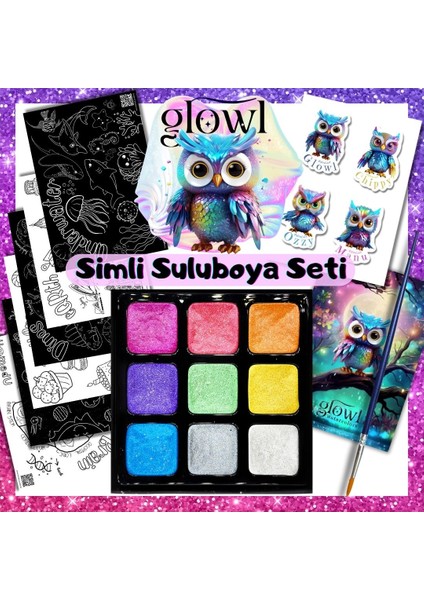 Glowl Simli, Organik, El Yapımı, Suluboya 9'lu Set, Boyama Kağıtları, Sticker Seti, Fırça Hediyeli