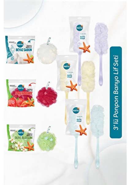 Banyo Lif Seti 3 Adet Saplı Lif ve 3 Adet Sabunlu Lif ile Tüm Cilt Tiplerine Uygun