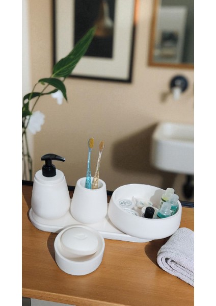 Kırık Beyaz Marble Serisi 5'lı Banyo Seti, Sıvı Sabunluk Diş Fırçalığı Beton Aksesuar Takımı fırsatları