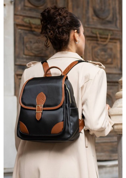 Asel Çanta,toka Detaylı, Siyah taba Saten Deri Bayan Sırt Çantası