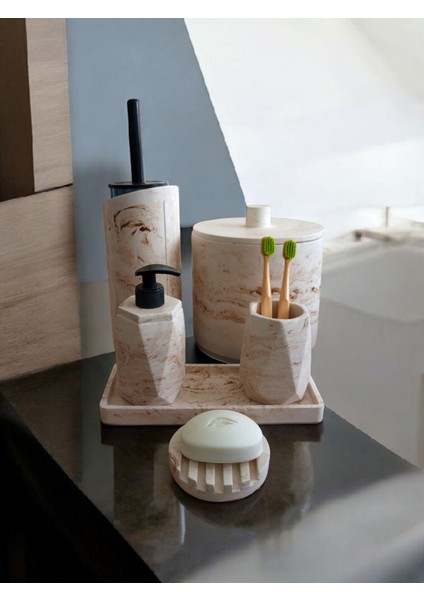 Mermer Desen Bej Çöp Kovasi,banyo Seti Tuvalet Wc Sıvı Sabunluk Diş Fırçalığı Beton Aksesuar Takım