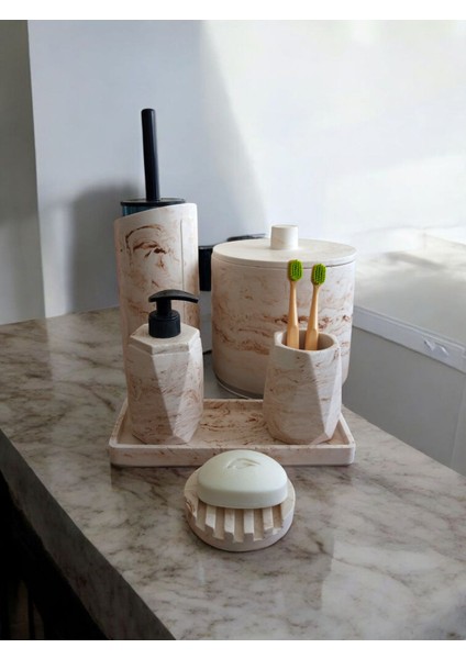 Mermer Desen Bej Çöp Kovasi,banyo Seti Tuvalet Wc Sıvı Sabunluk Diş Fırçalığı Beton Aksesuar Takım modelleri