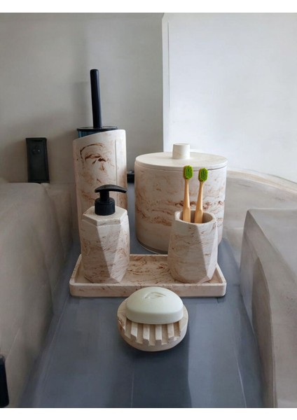 Mermer Desen Bej Çöp Kovasi,banyo Seti Tuvalet Wc Sıvı Sabunluk Diş Fırçalığı Beton Aksesuar Takım fırsatları
