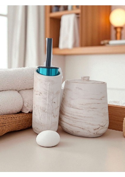 4 Parça Mermer Desenli Beton Banyo Wc Seti Tuvalet Fırçası Çöp Kovası 4 Litre