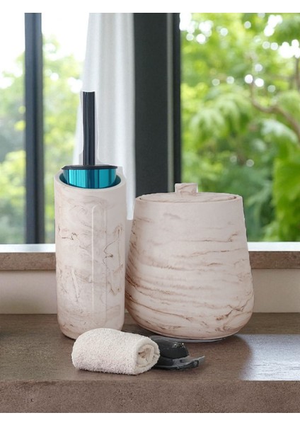 4 Parça Mermer Desenli Beton Banyo Wc Seti Tuvalet Fırçası Çöp Kovası 4 Litre modelleri