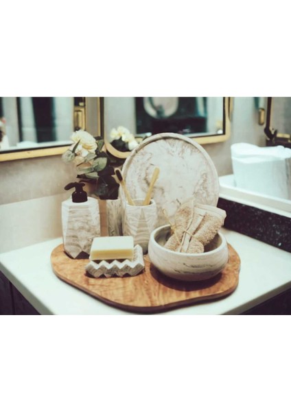 6'lı Bej Mermer Desen Beton Banyo Seti ,sıvı Sabunluk Diş Fırçalığı Aksesuar Takımi,havluluk,tepsi