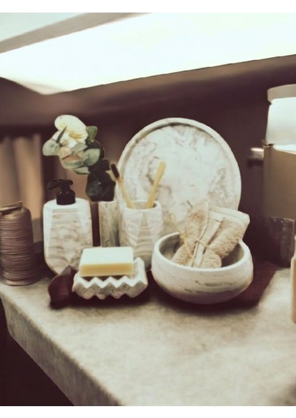 6'lı Bej Mermer Desen Beton Banyo Seti ,sıvı Sabunluk Diş Fırçalığı Aksesuar Takımi,havluluk,tepsi fiyatları