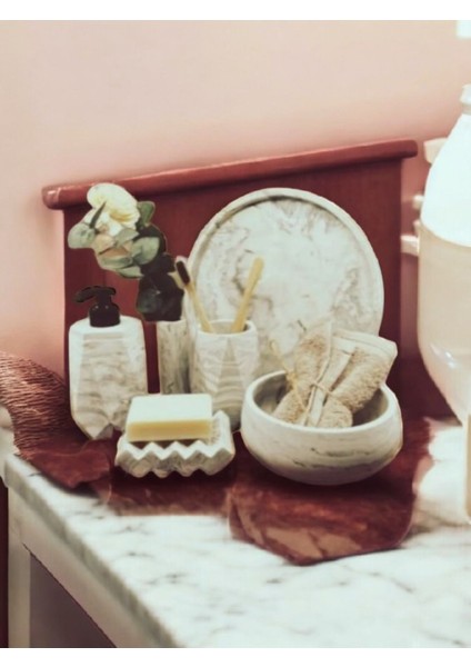 6'lı Bej Mermer Desen Beton Banyo Seti ,sıvı Sabunluk Diş Fırçalığı Aksesuar Takımi,havluluk,tepsi modelleri