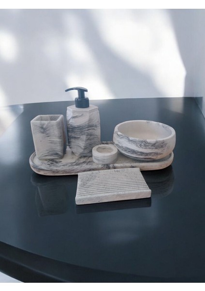 Marble Serisi Antrasit 6'lı Beton Banyo Seti,sabunluk,diş Fırçalık,tepsi,mumluk,aksesuar,dekorasyon