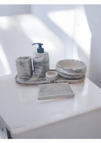 Marble Serisi Antrasit 6'lı Beton Banyo Seti,sabunluk,diş Fırçalık,tepsi,mumluk,aksesuar,dekorasyon modelleri