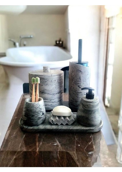 Antrasit Mermer Desen Tam Beton Banyo Seti Tuvalet Wc Sıvı Sabunluk Diş Fırçalığı Aksesuar Takım
