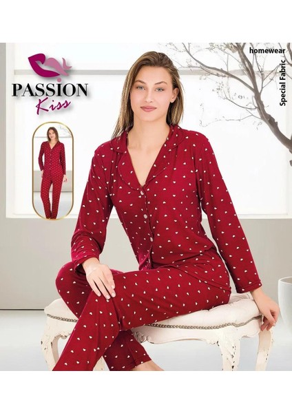 Kalp Desenli Uzun Kollu Kadın Pijama Takımı