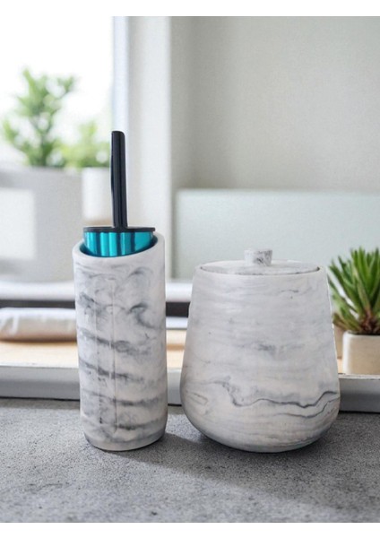 4 Parça Mermer Desenli Beton Banyo Wc Seti Tuvalet Fırçası Çöp Kovası 4 Litre