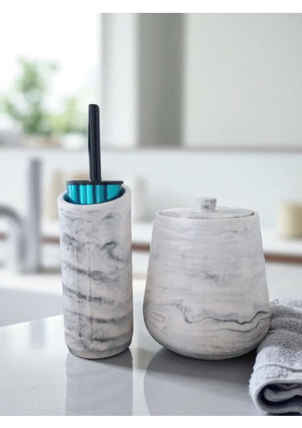 4 Parça Mermer Desenli Beton Banyo Wc Seti Tuvalet Fırçası Çöp Kovası 4 Litre fiyatları