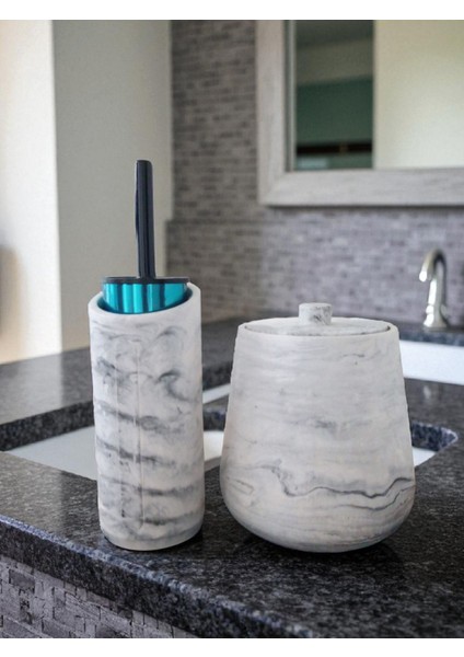 4 Parça Mermer Desenli Beton Banyo Wc Seti Tuvalet Fırçası Çöp Kovası 4 Litre modelleri