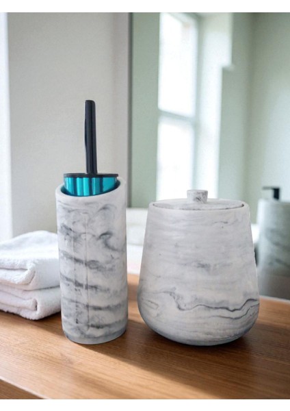 4 Parça Mermer Desenli Beton Banyo Wc Seti Tuvalet Fırçası Çöp Kovası 4 Litre fırsatları