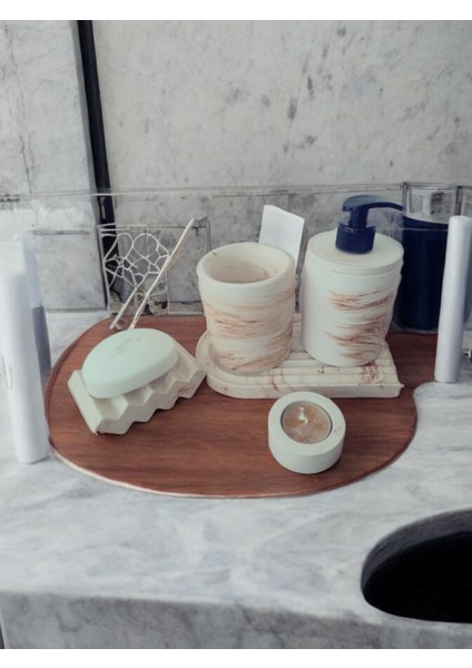 Mermer Desen Bej Banyo Seti ,sıvı Sabunluk Diş Fırçalığı Beton Aksesuar Takımı