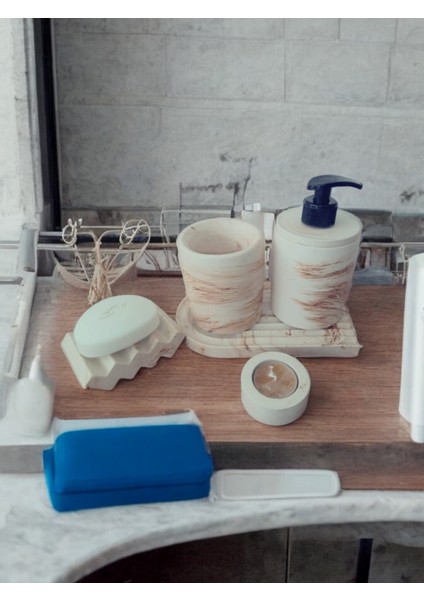 Mermer Desen Bej Banyo Seti ,sıvı Sabunluk Diş Fırçalığı Beton Aksesuar Takımı fiyatları