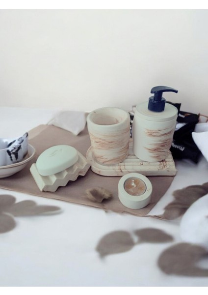 Mermer Desen Bej Banyo Seti ,sıvı Sabunluk Diş Fırçalığı Beton Aksesuar Takımı modelleri