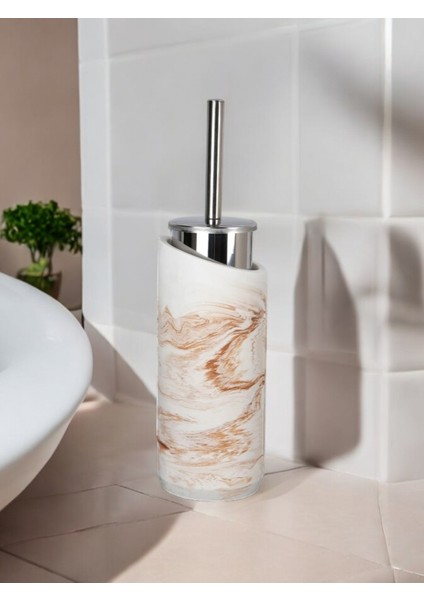 2 Parça Mermer Bej Desenli Beton Tuvalet Fırçası Metal Wc Fırçalığı,dekorasyon,aksesuar