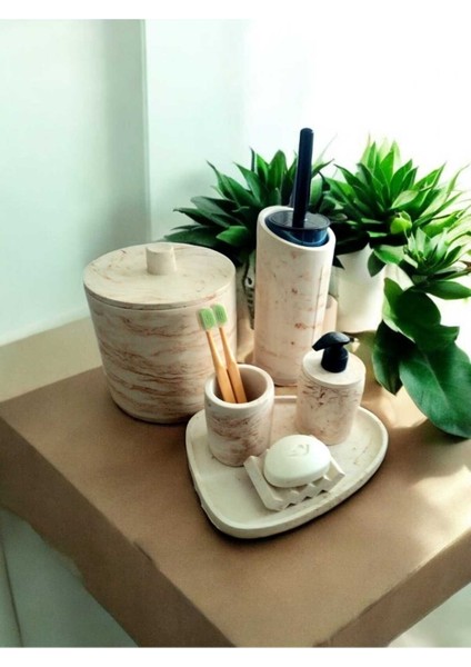 Bej Mermer Desen Tam Beton Banyo Seti,tuvalet Fırçası,çöp Kovası,katı,sıvı Sabunluk,tepsi