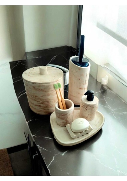 Bej Mermer Desen Tam Beton Banyo Seti,tuvalet Fırçası,çöp Kovası,katı,sıvı Sabunluk,tepsi modelleri