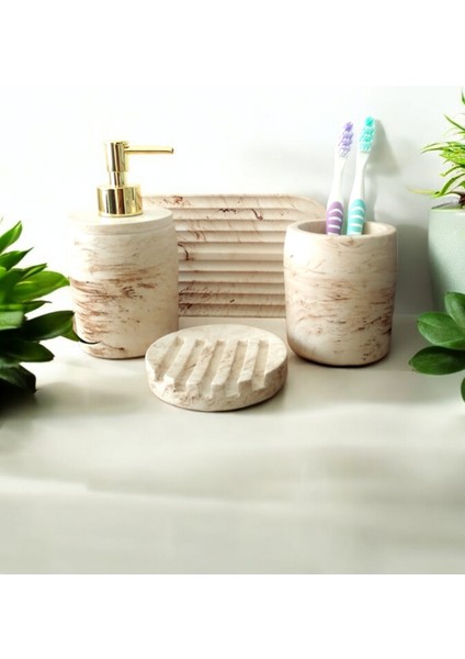 Marble Serisi Bej Beton Sıvı Sabunluk ve Diş Fırçalık Seti